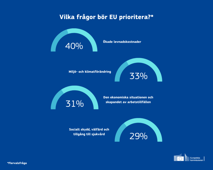 Unga i EU anser att unionen bör koncentrera sig på de stigande levnadskostnaderna (40%), miljö- och klimatförändringar (33%) samt den ekonomiska situationen och skapandet av jobb (31%). I Sverige anser de tillfrågade ungdomarna att fokus bör ligga på de ökade levnadskostnaderna (37%), den ekonomiska situationen (33%), att skapa arbetstillfällen samt att säkerställa socialt skydd, välfärd och tillgång till sjukvård (33%).