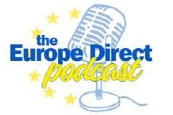 Logo of Europe Direct podcast, a microphone of an older model, and text in blue and yellow plus EU stars